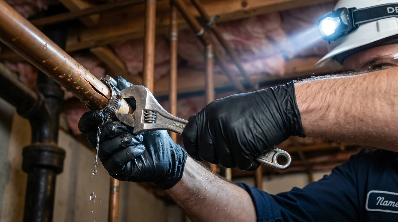 Emergency pipe clamp repair being performed by a Johns Plumbing LLC plumber in Armour