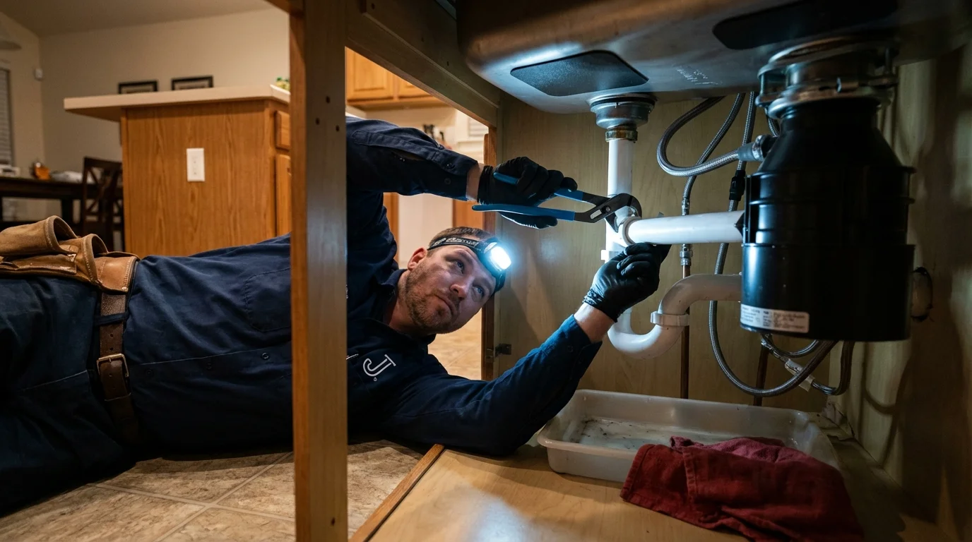 P-trap and supply line connections under a kitchen sink showing a common leak point in Armour, SD